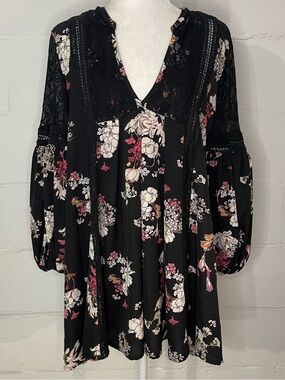 POL Black Floral Mini Dress with Pink and Cream Blooms